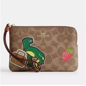 Coach Corner Zip Wristlet Signature Canvas Dinosaur Dice Sticker Print Gold Tan